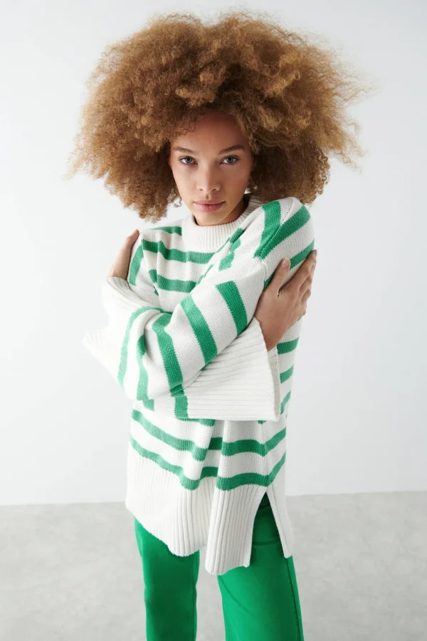 Gina Tricot Ohio Knitted Sweater Green Stripe a Prix Discount 1