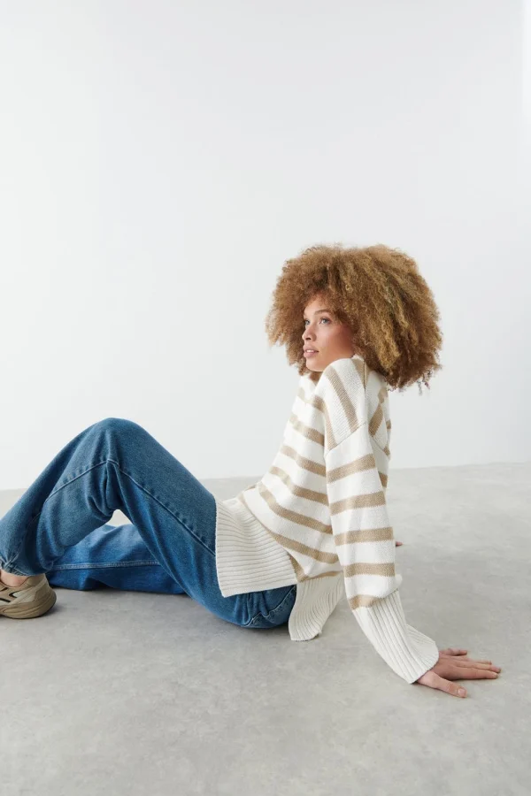 Gina Tricot Ohio Knitted Sweater Beige Stripe outlet soldes 1
