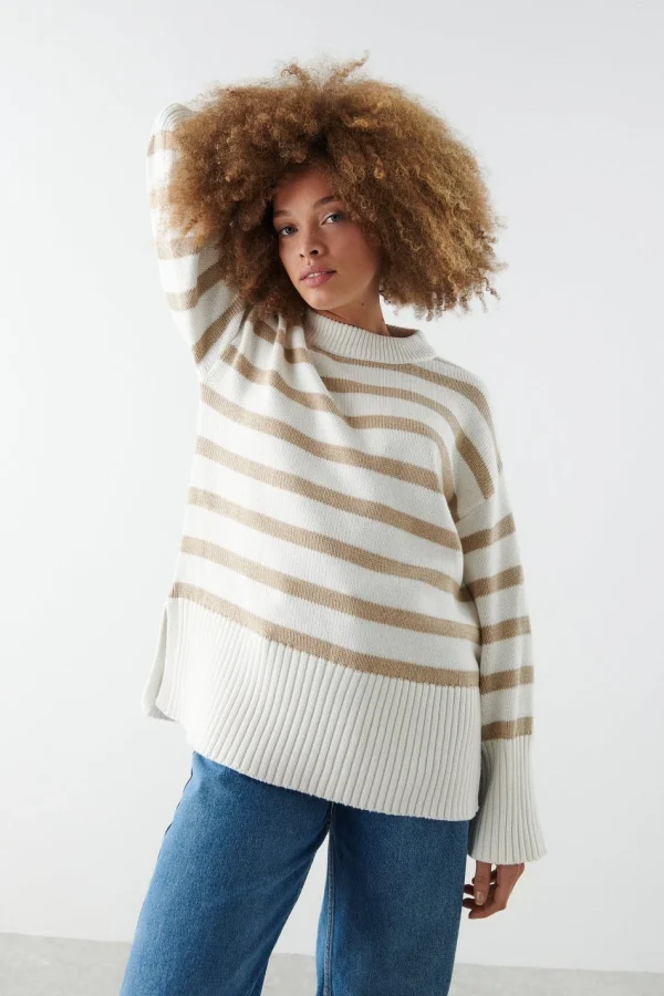 Gina Tricot Ohio Knitted Sweater Beige Stripe outlet soldes 3