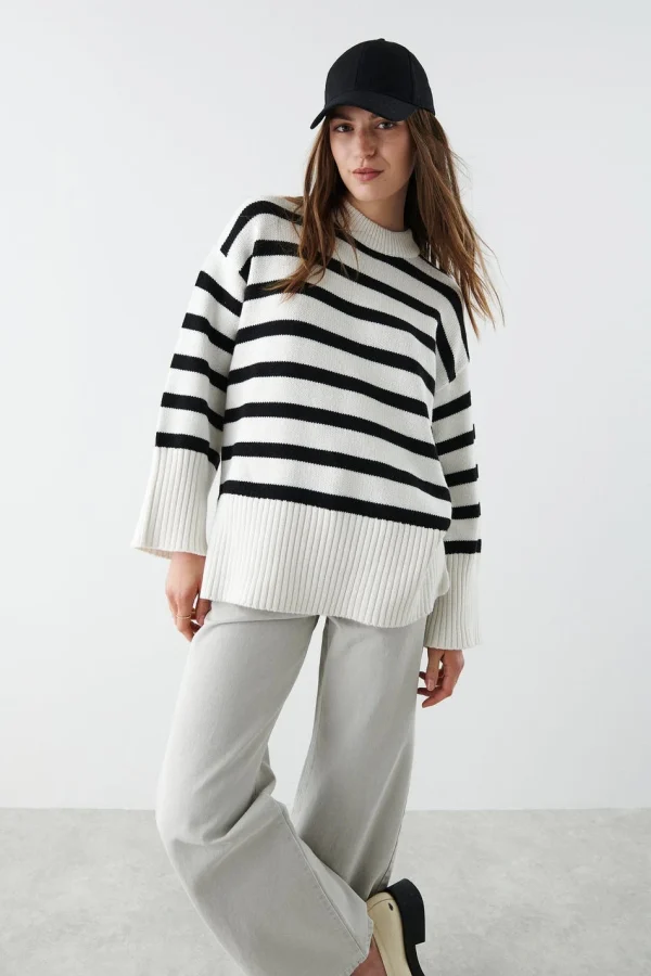 Gina Tricot Ohio Knitted Sweater Black/stripe grande qualité 1