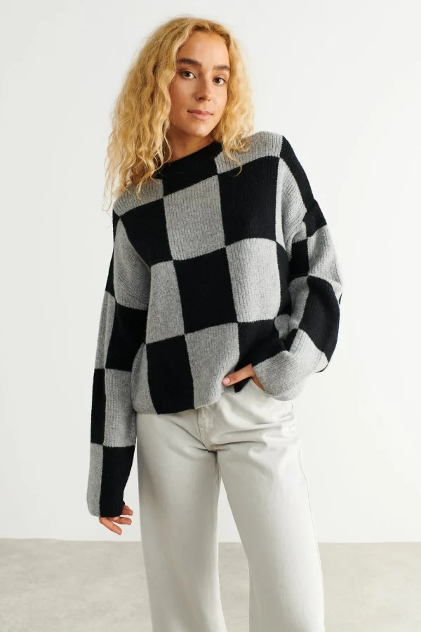 Gina Tricot Faye Knitted Sweater Black/grey boutique en ligne france 1