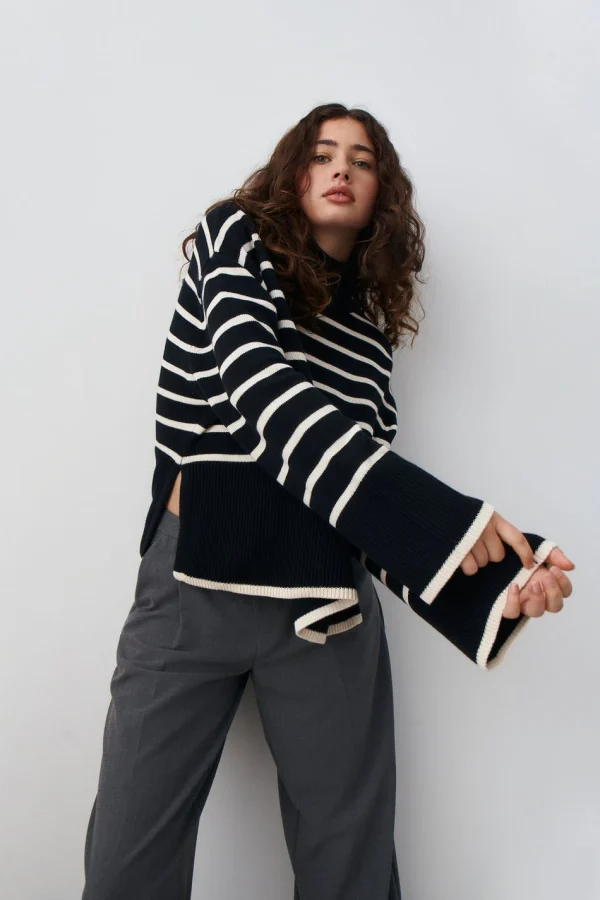 Gina Tricot Tyra Knitted Sweater Black/stripe Promotio de vente 1