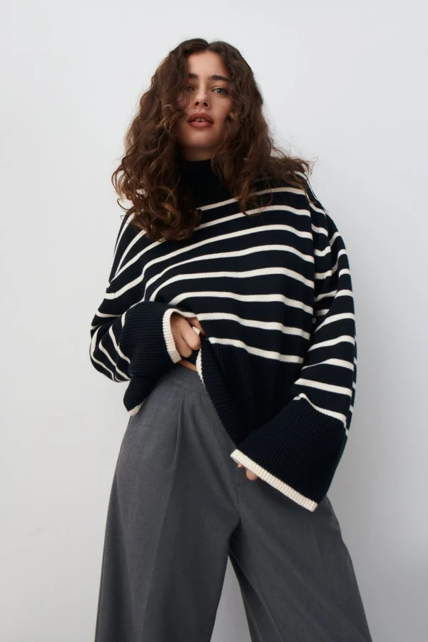 Gina Tricot Tyra Knitted Sweater Black/stripe Promotio de vente 3