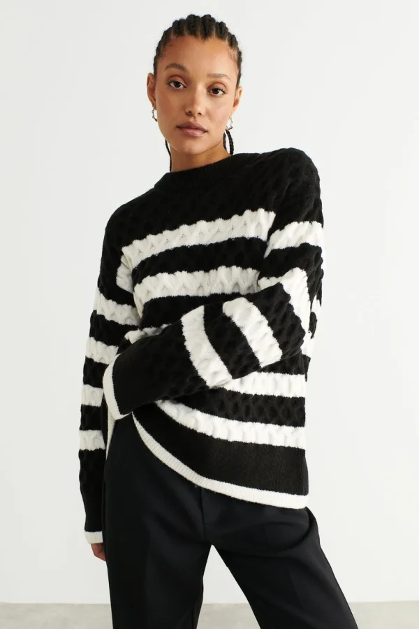 Gina Tricot Jasmina Knitted Sweater Black/white marque pas cher en ligne 3