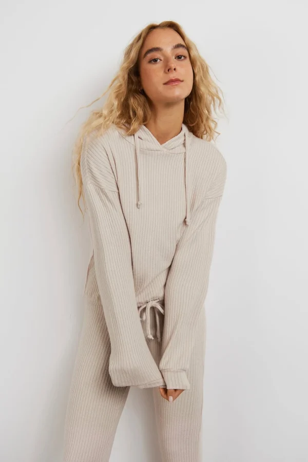 Gina Tricot Stina Rib Hoodie Beige vente à bas prix 1